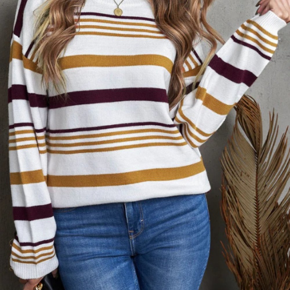 Vintage Striped Ribbed Knit Crew Neck Pullover Long Sleeve Sweater Multi Large